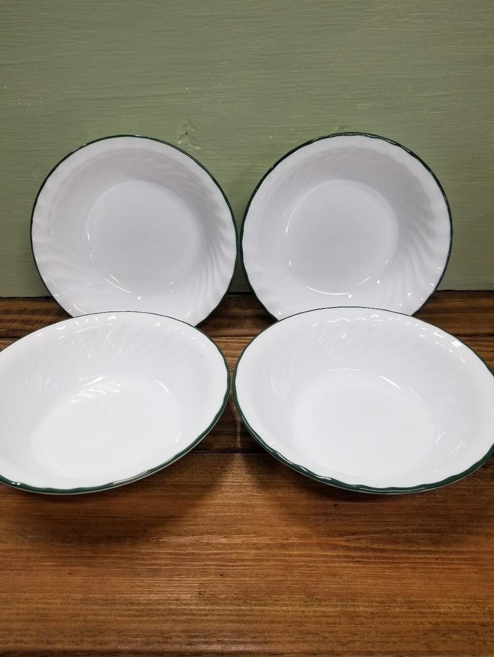 Corelle White Bowls with Green Trim By Corning Set of 4 USA